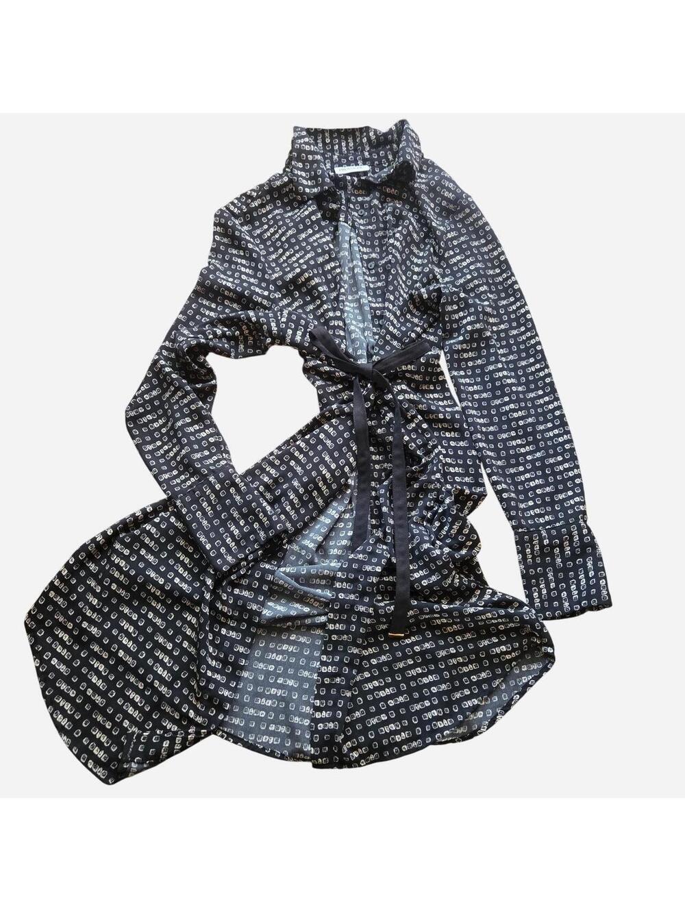 Prologue Black & White Geometric Print Long Sleeve Button-Down Shirt Dress.